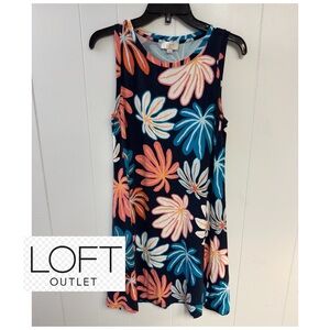 LOFT Navy Floral Sleeveless dress, vibrant "starburst" floral pattern.